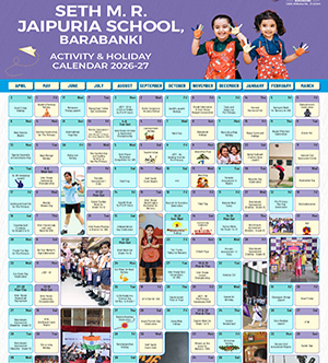 Activity and holiday calendar 2026–27 for Seth M. R. Jaipuriya School, Barabanki, showing monthly grids of events with photos.