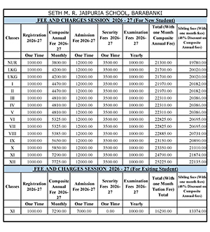 Table: Fee and charges schedule 2026-27 for new students, class-wise (NUR–XII) showing one-time registration, monthly composite fee, admission, security, examination, and total annual charges.