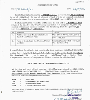 Certificate of land ownership form with plot details, owner name, survey numbers, and signatures.