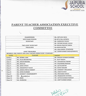 Document titled Parent Teacher Association Executive Committee for JAIPURIA SCHOOL, listing officers (chairman, vice chair, treasurer, etc.) and class reps with member names and roles.