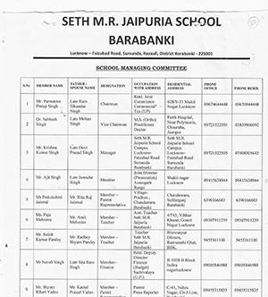 Printed roster page for Seth M.R. Jaipuria School Barabanki showing the School Managing Committee: member names, relations, roles, and contact details in a table (tabular list).