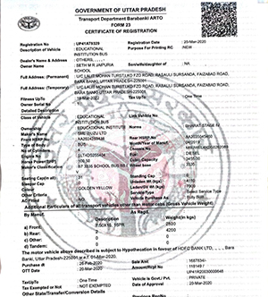 UP Government Transport Department Vehicle Registration Certificate with official seal and vehicle/owner details (blurred in image).